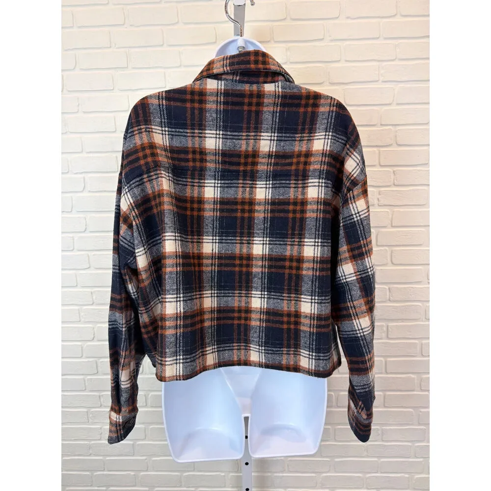 Windsor Cropped Plaid Flannel Shacket Navy Orange Small